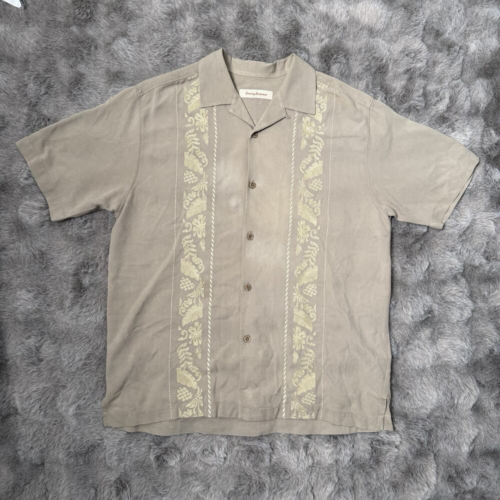 Tommy Bahama Camp Shirt Size M Embroidered Vertical Vine Panels Brown 100% Silk